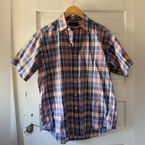 Brooks Brothers Short Sleeve Blue and Orange Plaid Button Down Shirt